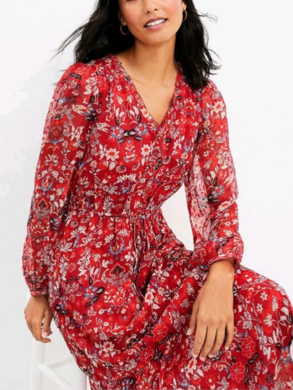 Loft Red Long Sleeve Tie Waist Dress Size XL Petite
